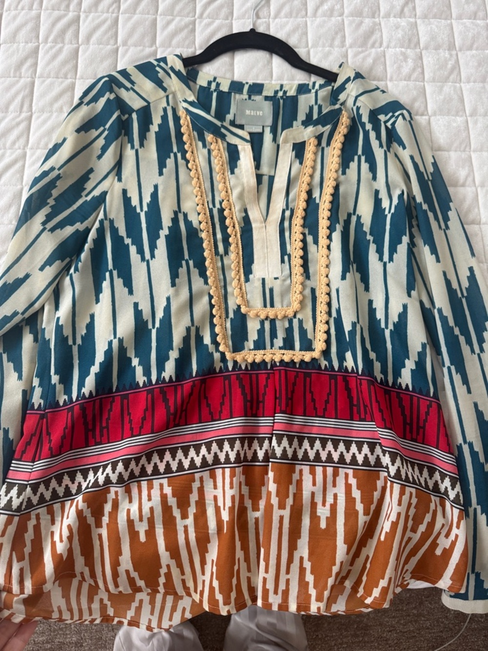 Maeve Teal, Cream, Red & Rust Patterned Boho Blouse